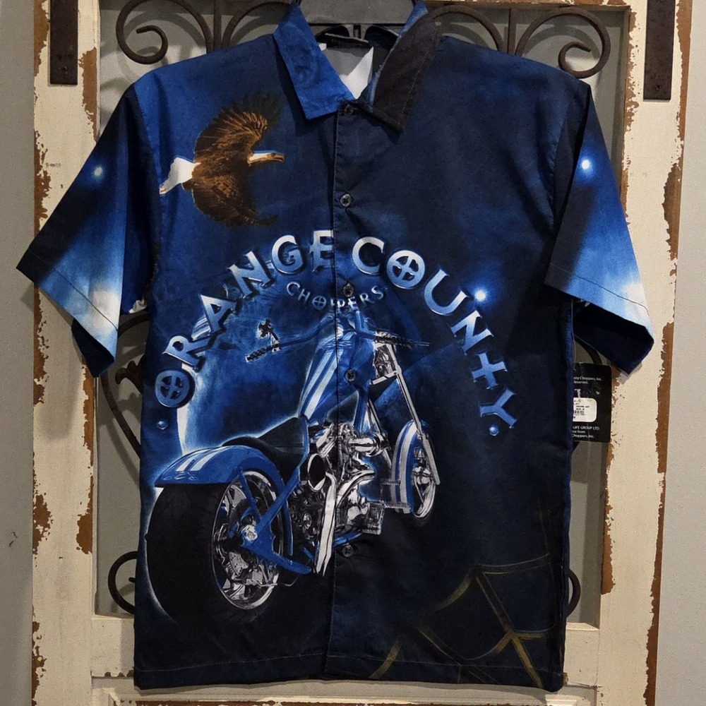 Y2K Vtg Orange County Choppers OCC Motorcycle Shirt Boys M Blue All Over Print
